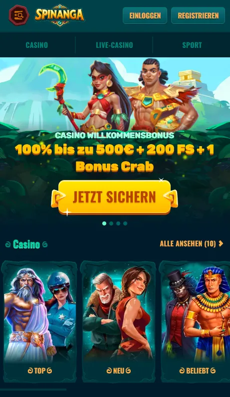 Spinanga im mobilen Browser mit Navigation und Spielbereichen