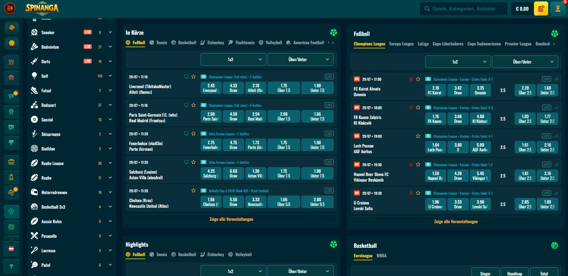 Spinanga Sportwetten mit Live Betting und virtuellen Sportarten