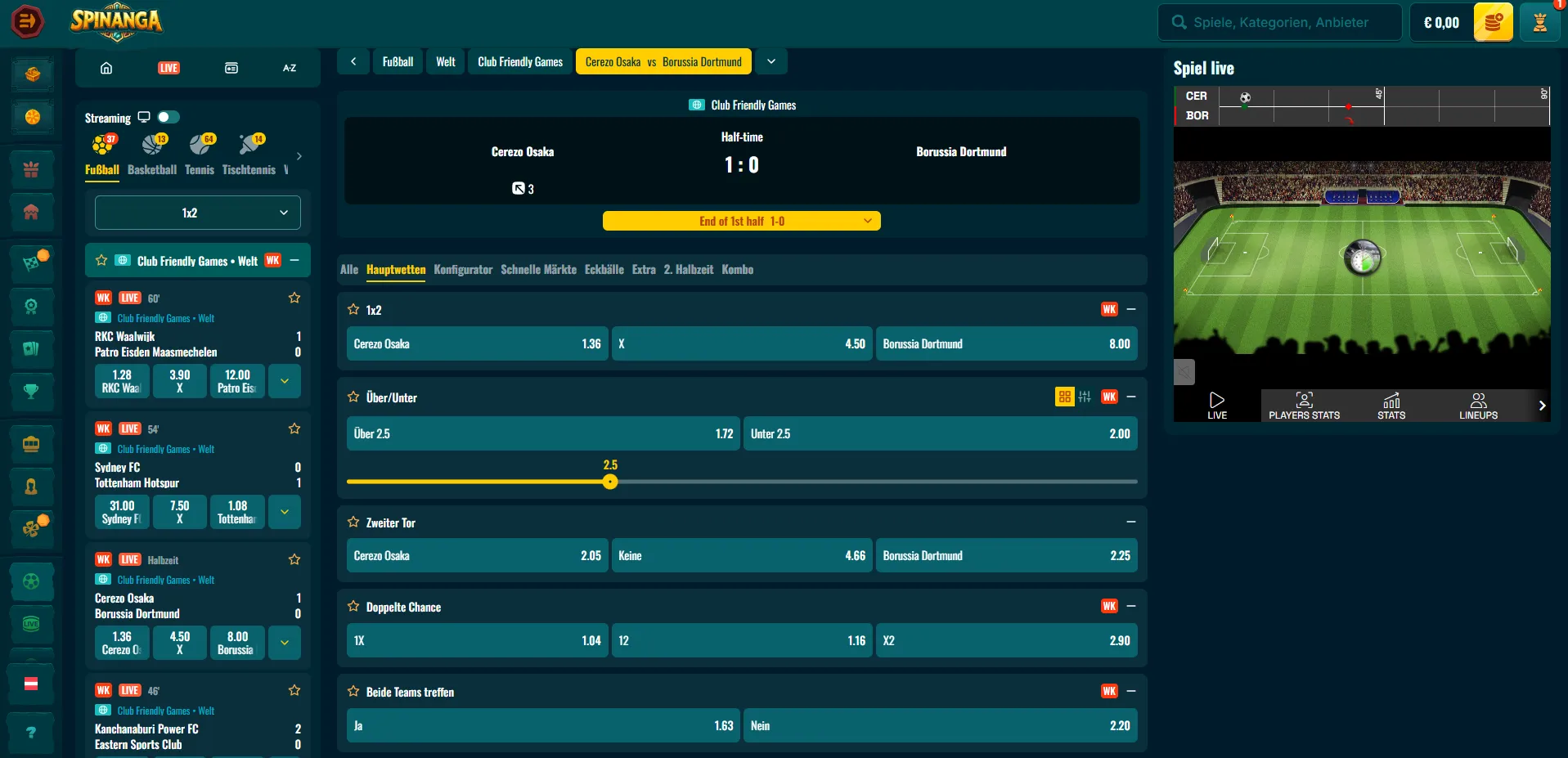 Live Betting bei Spinanga während laufender Ereignisse
