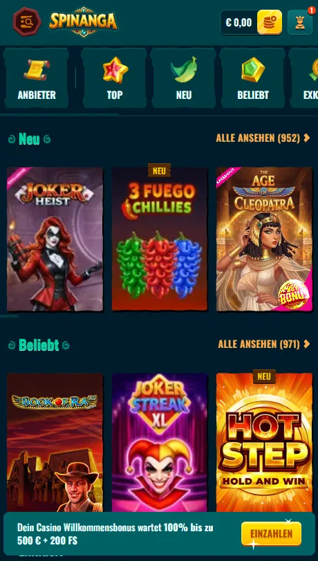 Spinanga Casino im mobilen Browser