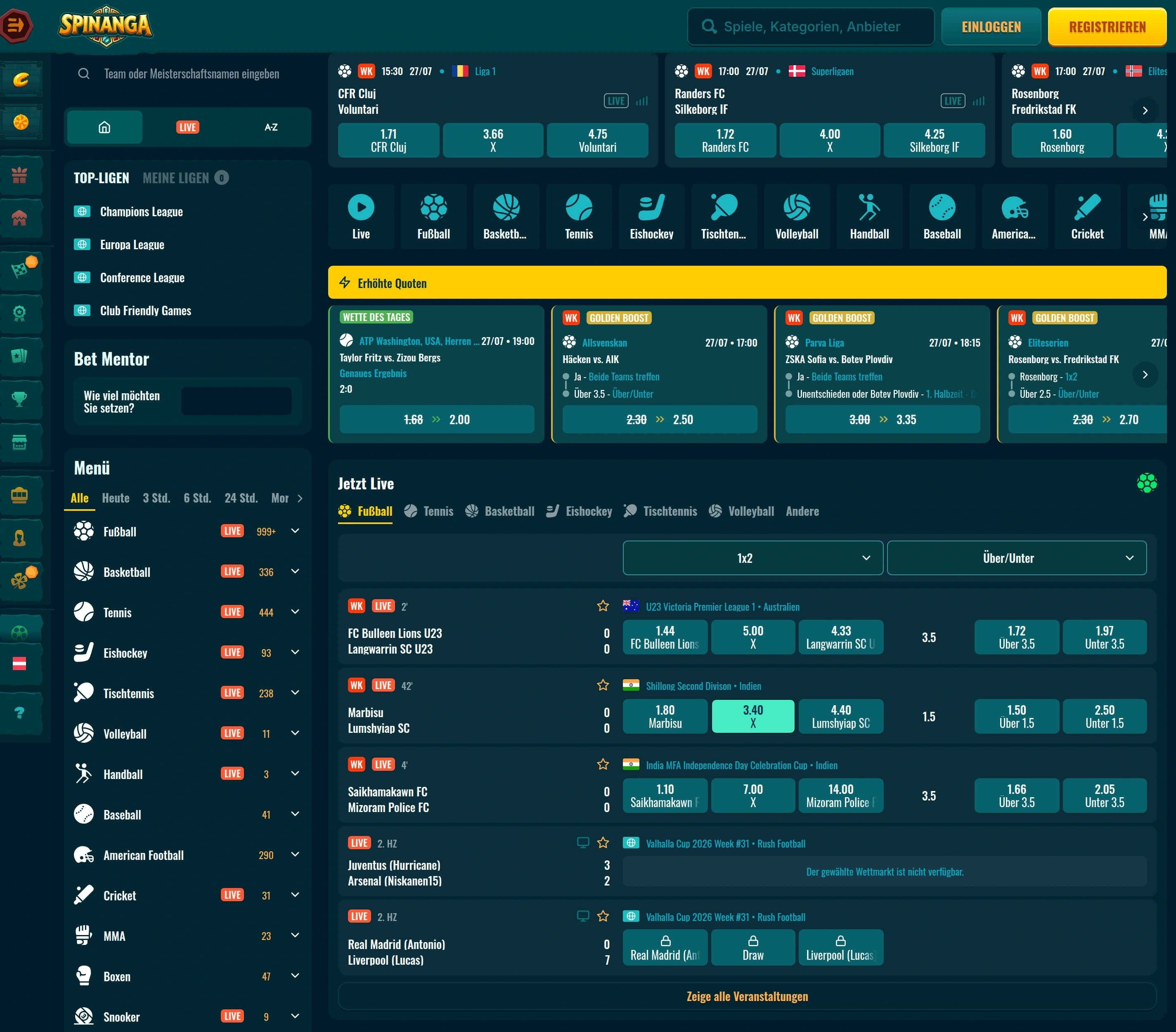Überblick über Spinanga Sportwetten und Wettaktionen