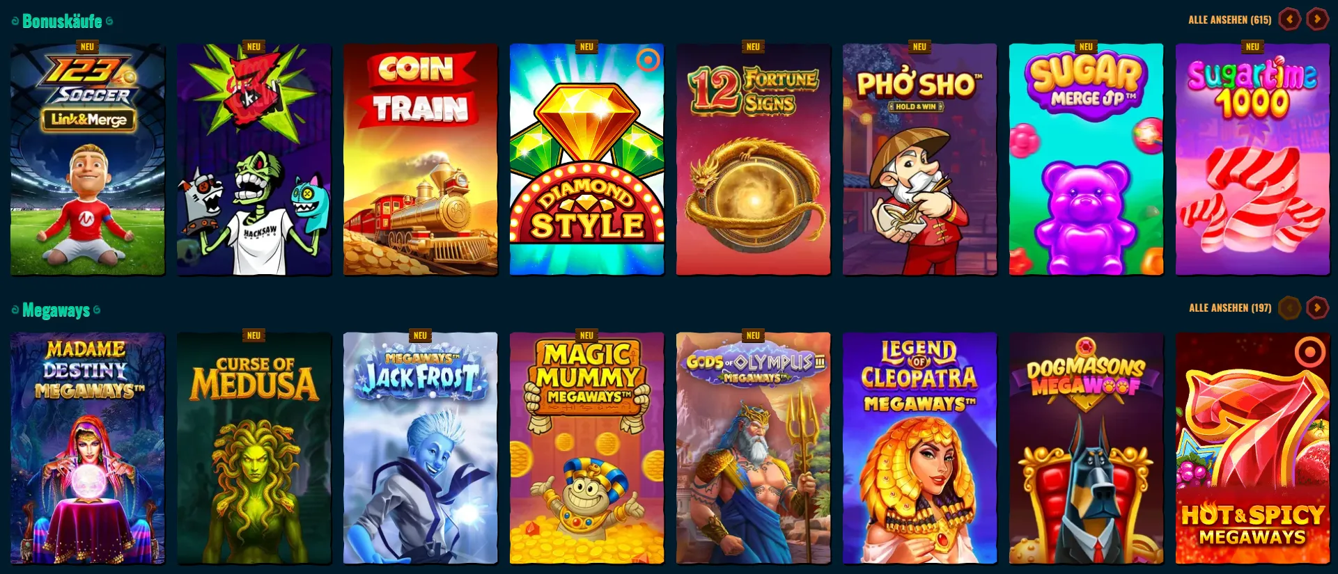 Spinanga Kategorien für Slots und Sofortspiele
