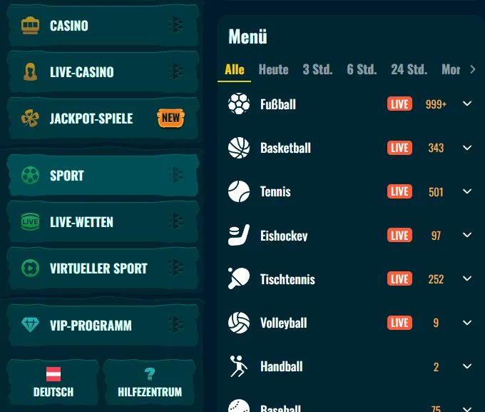 Navigation zu Sportwetten und Live Betting bei Spinanga