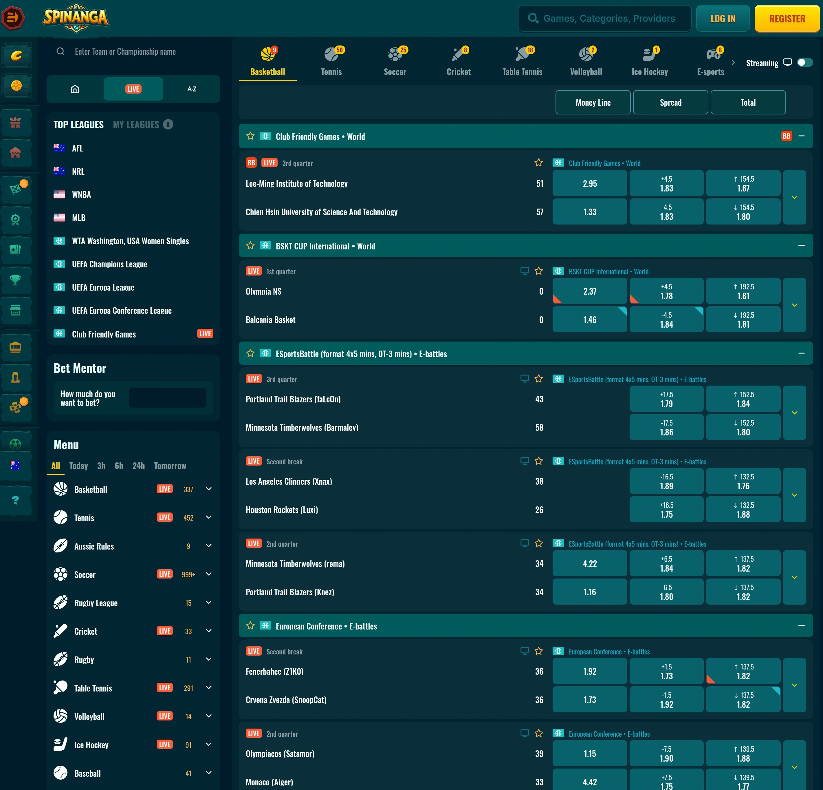 Spinanga sportsbook market and betting options