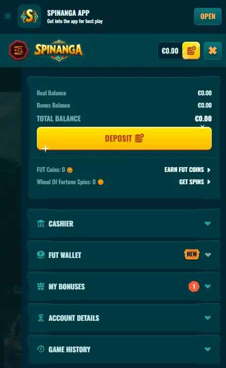 Spinanga mobile account and support options