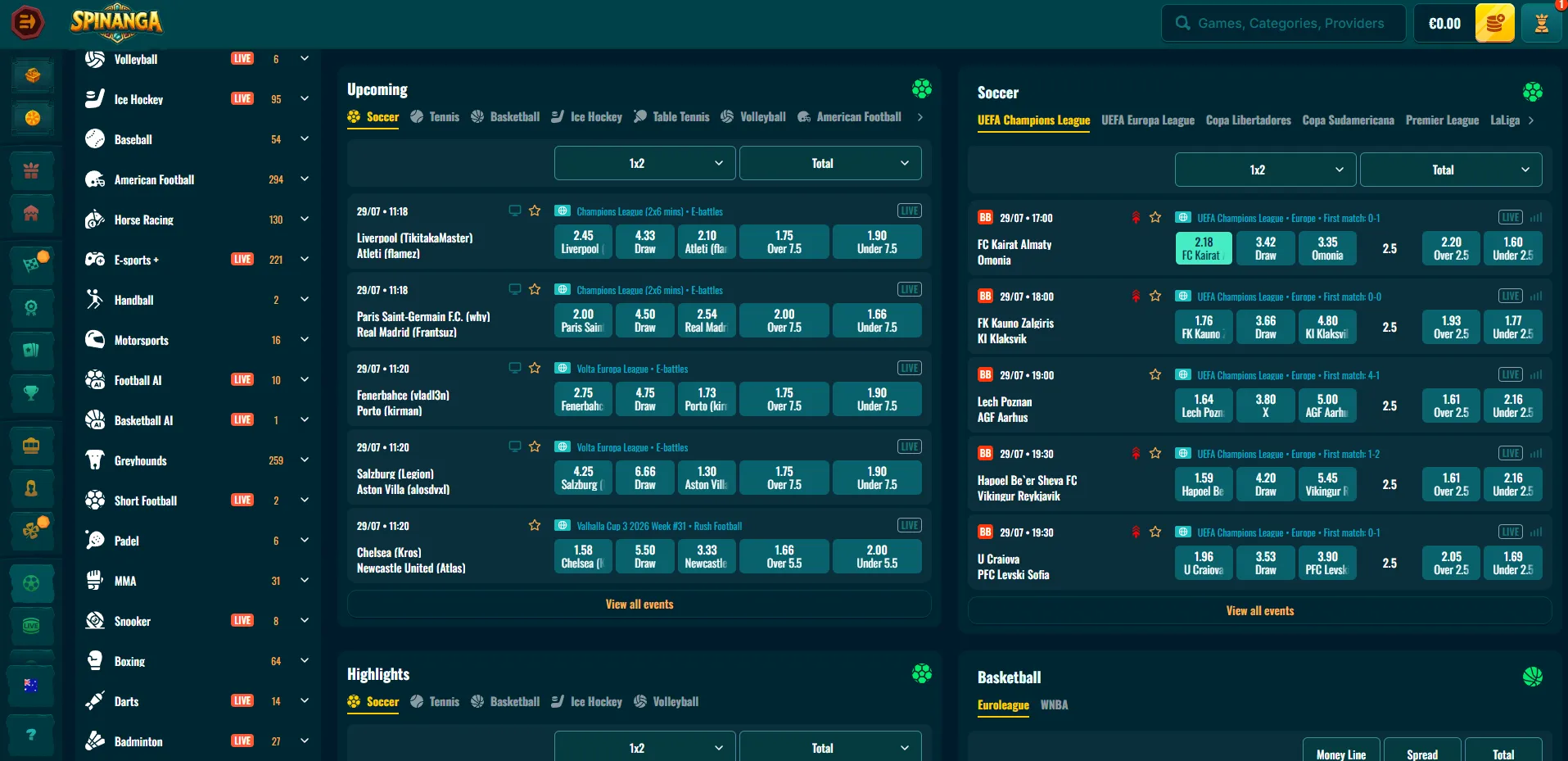 Spinanga sports betting and live betting overview