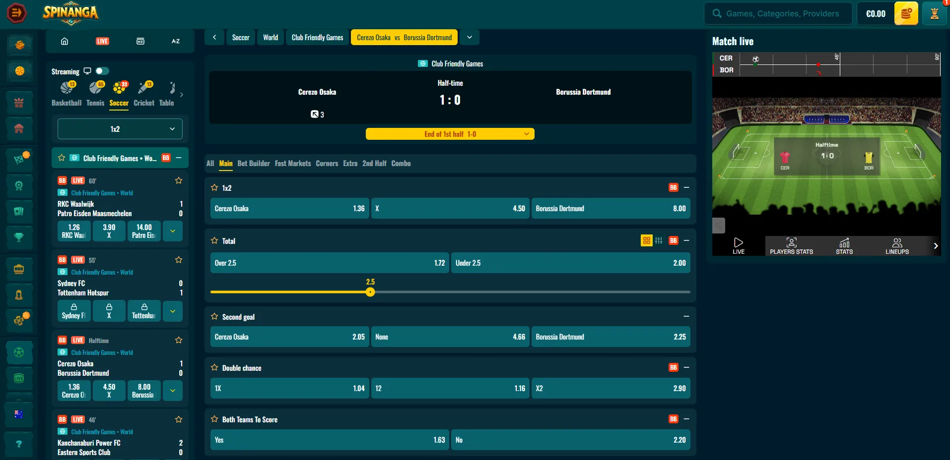 Spinanga live betting sports screen