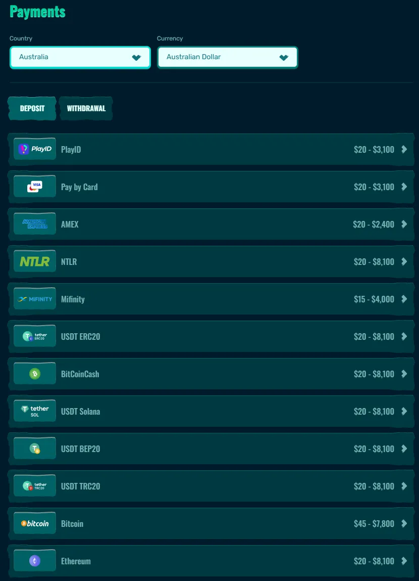 Spinanga payment methods overview