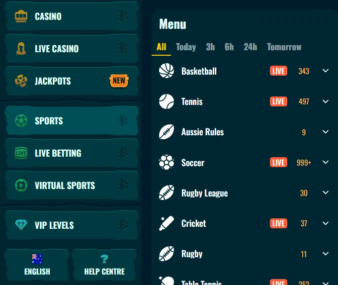 Spinanga sports and live betting navigation