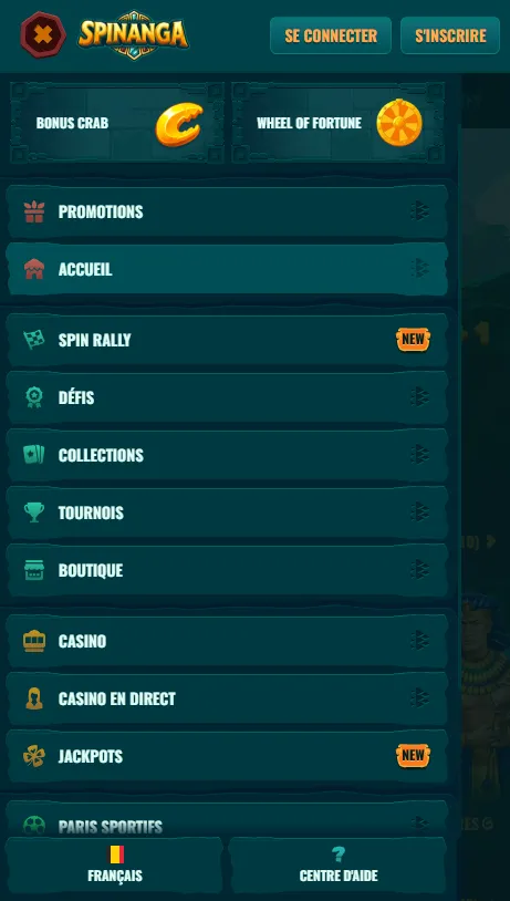 Interface mobile Spinanga avec Casino et Sports