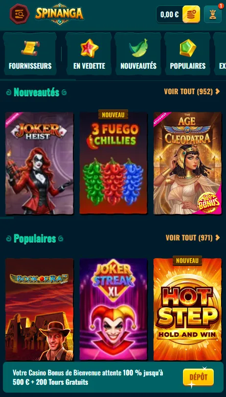 Casino Spinanga sur mobile