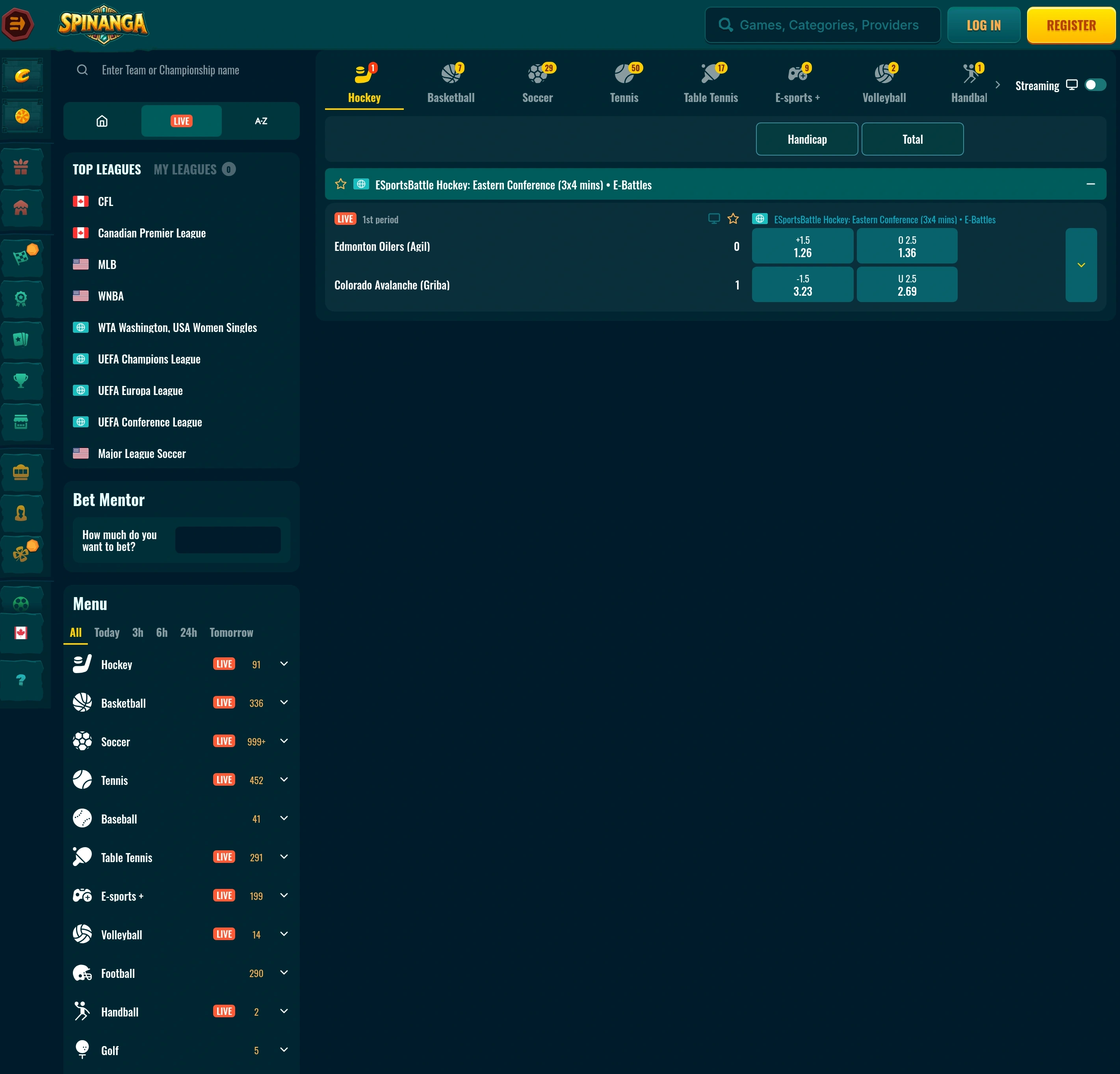 Spinanga sportsbook and virtual sports navigation