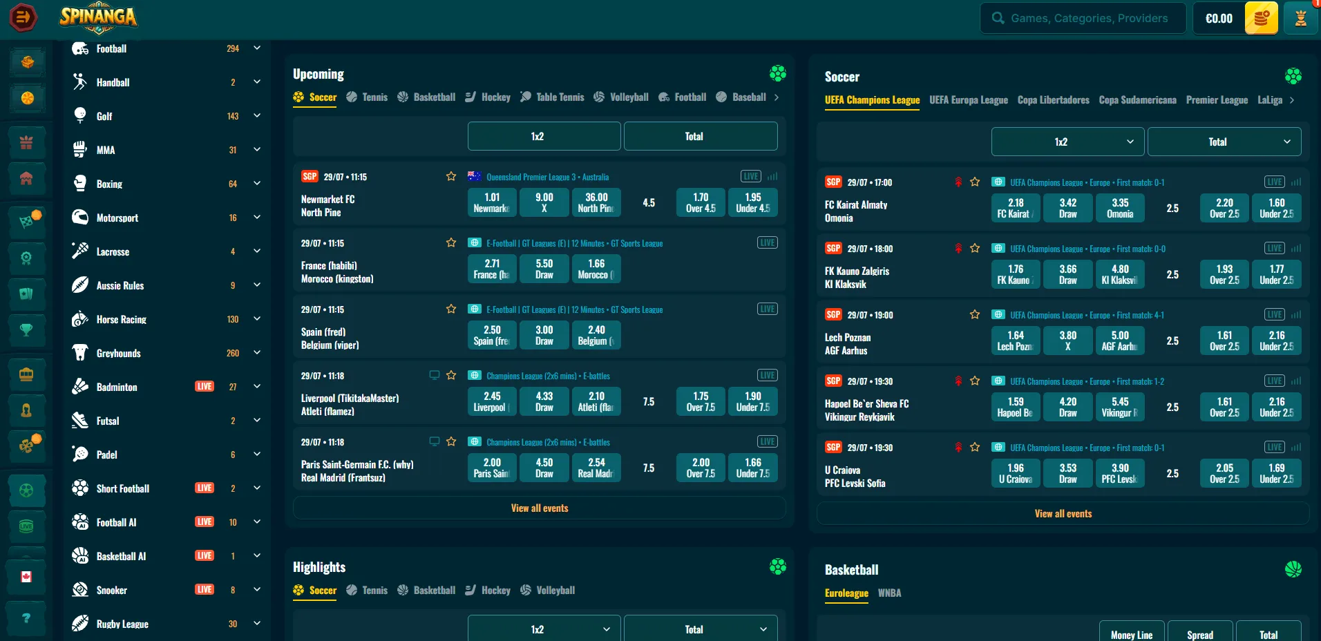 Spinanga sportsbook betting overview
