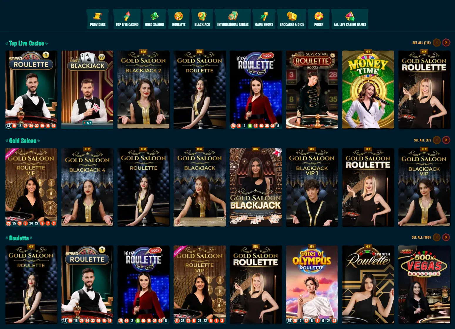Spinanga live casino tables and game categories