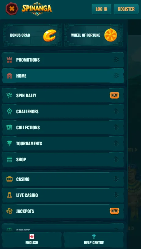 Spinanga mobile casino and sports navigation