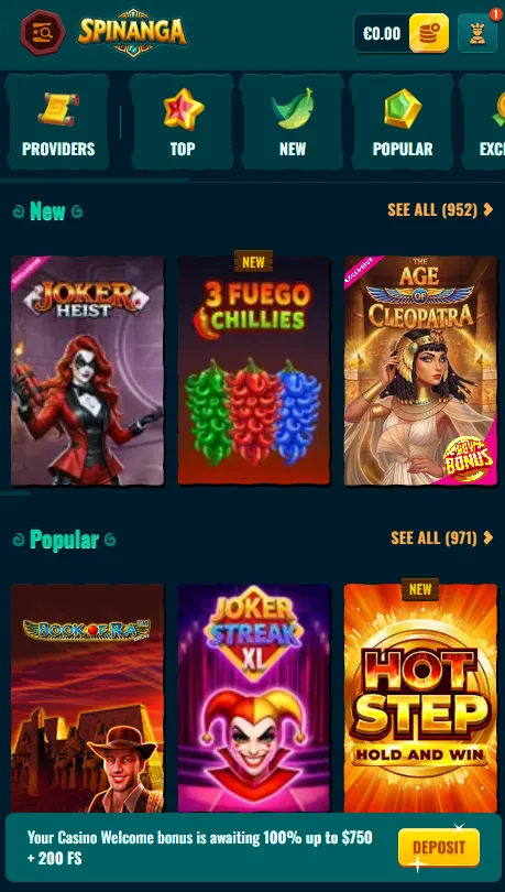 Spinanga casino on a mobile browser