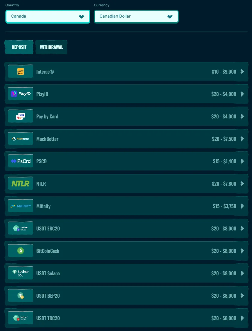 Spinanga payments and withdrawals