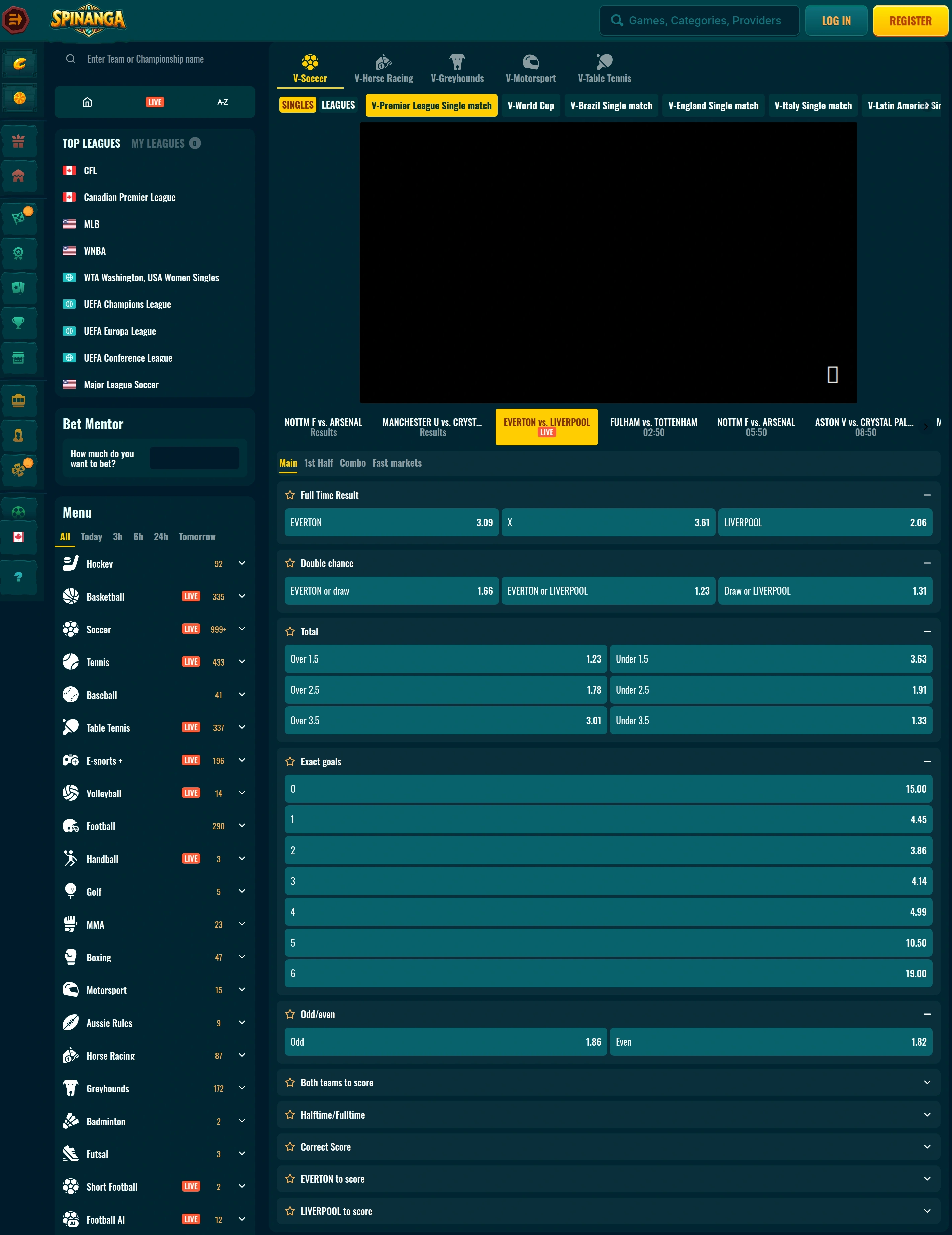 Spinanga sports betting feature navigation