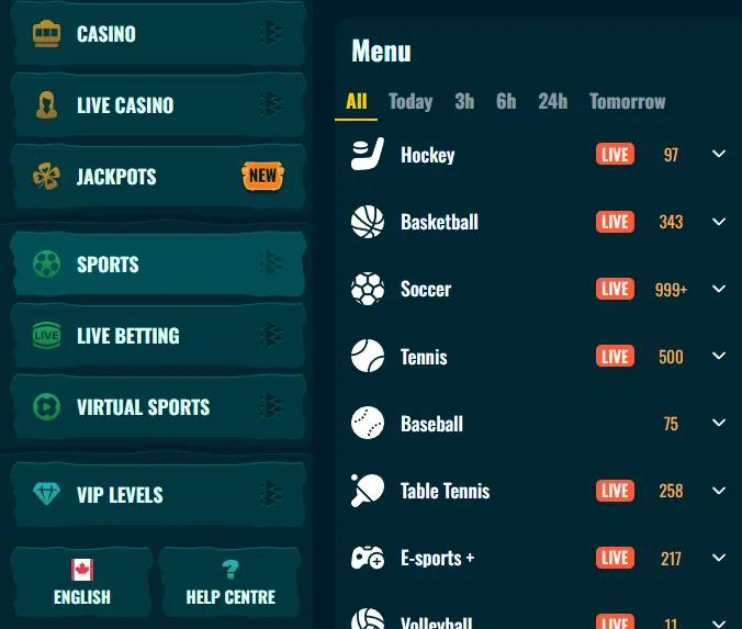 Spinanga Sports and Live Betting navigation