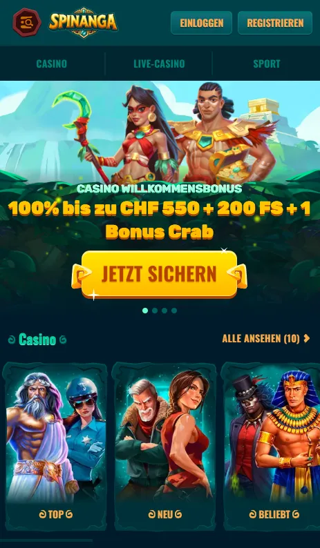 Spinanga im mobilen Browser mit Navigation und Angeboten