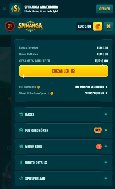 Spinanga mobile Funktionen und Kontoübersicht