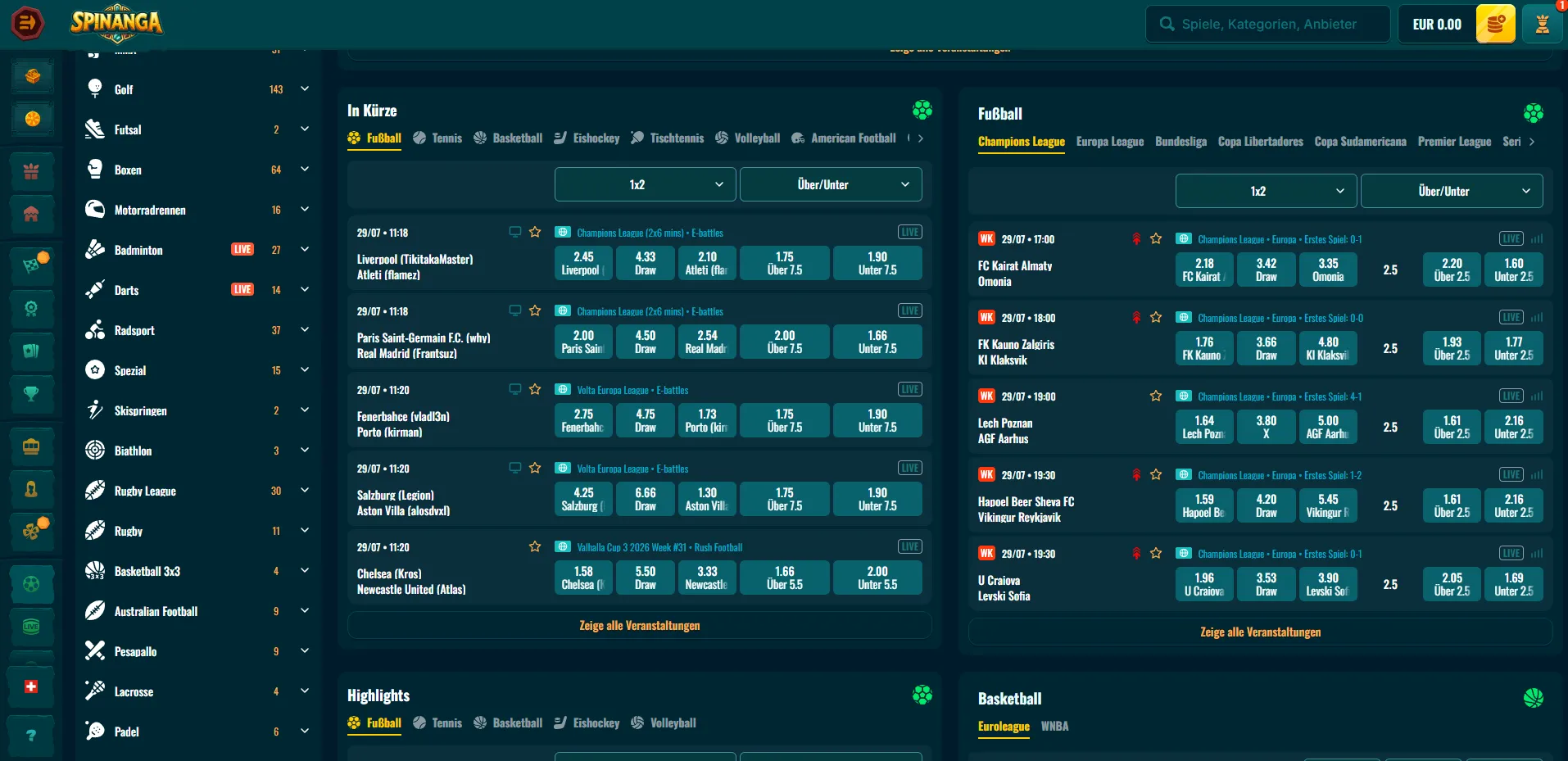 Übersicht der Sportwetten bei Spinanga