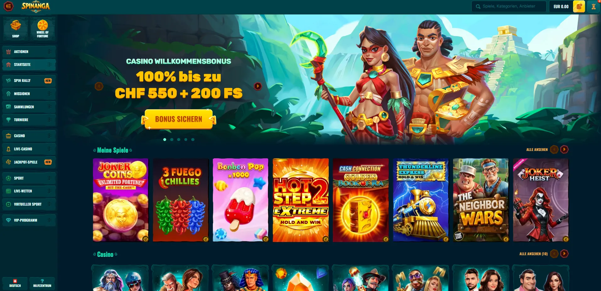 Spinanga Casino-Lobby mit Spielkategorien und Angeboten