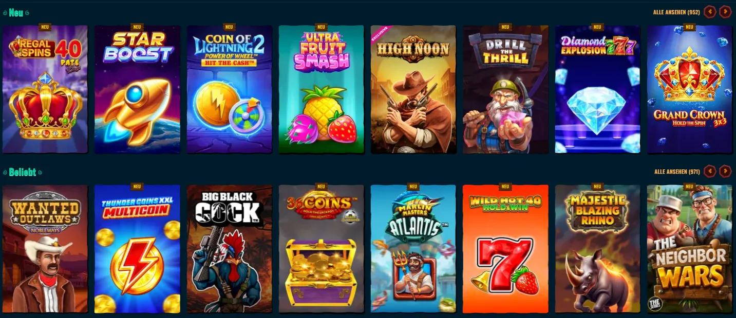 Spinanga Casino-Lobby mit Kategorien für Spiele
