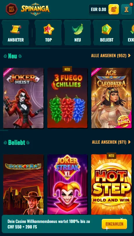 Spinanga Casino im mobilen Browser