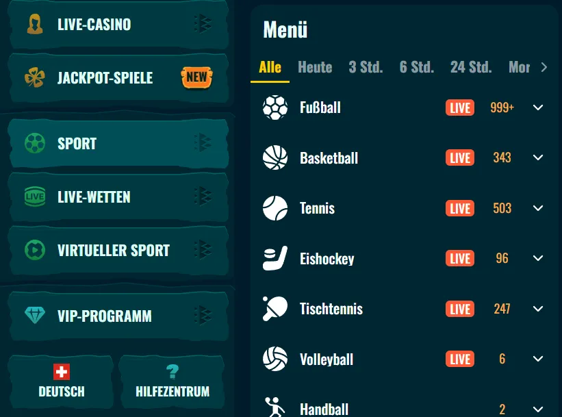 Navigation zu Sport, Live Betting und Virtual Sports