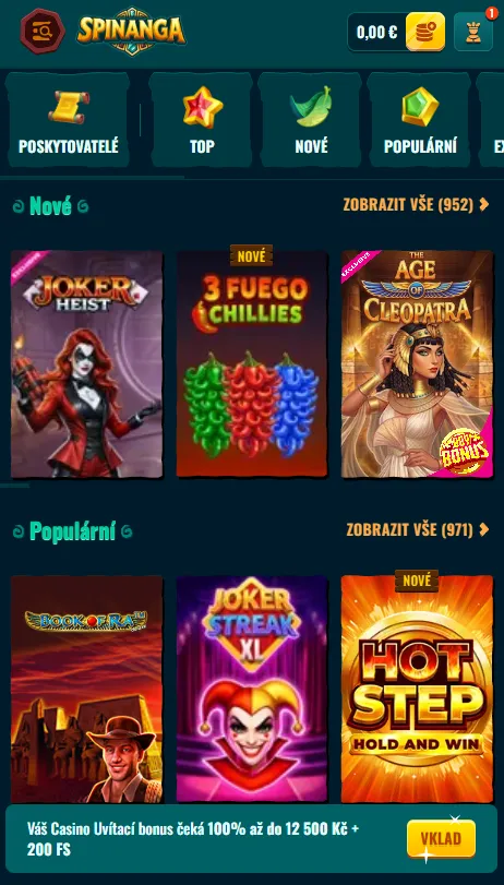 Mobilní prohlížeč kasina Spinanga