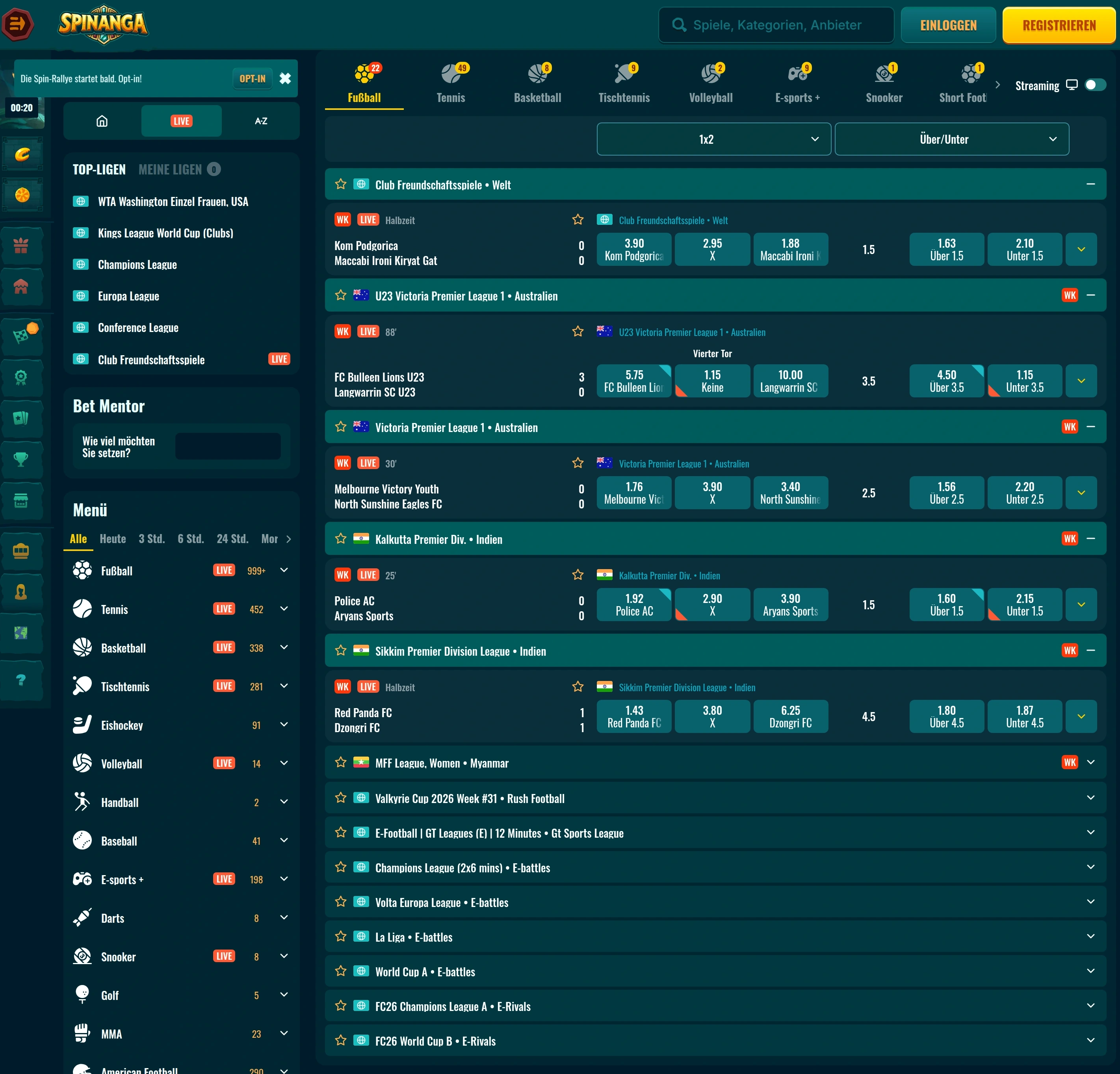 Sportwetten, Live Betting und virtuelle Sportarten bei Spinanga