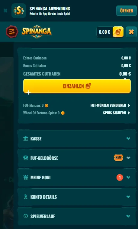 Spinanga Funktionen für den mobilen Browser