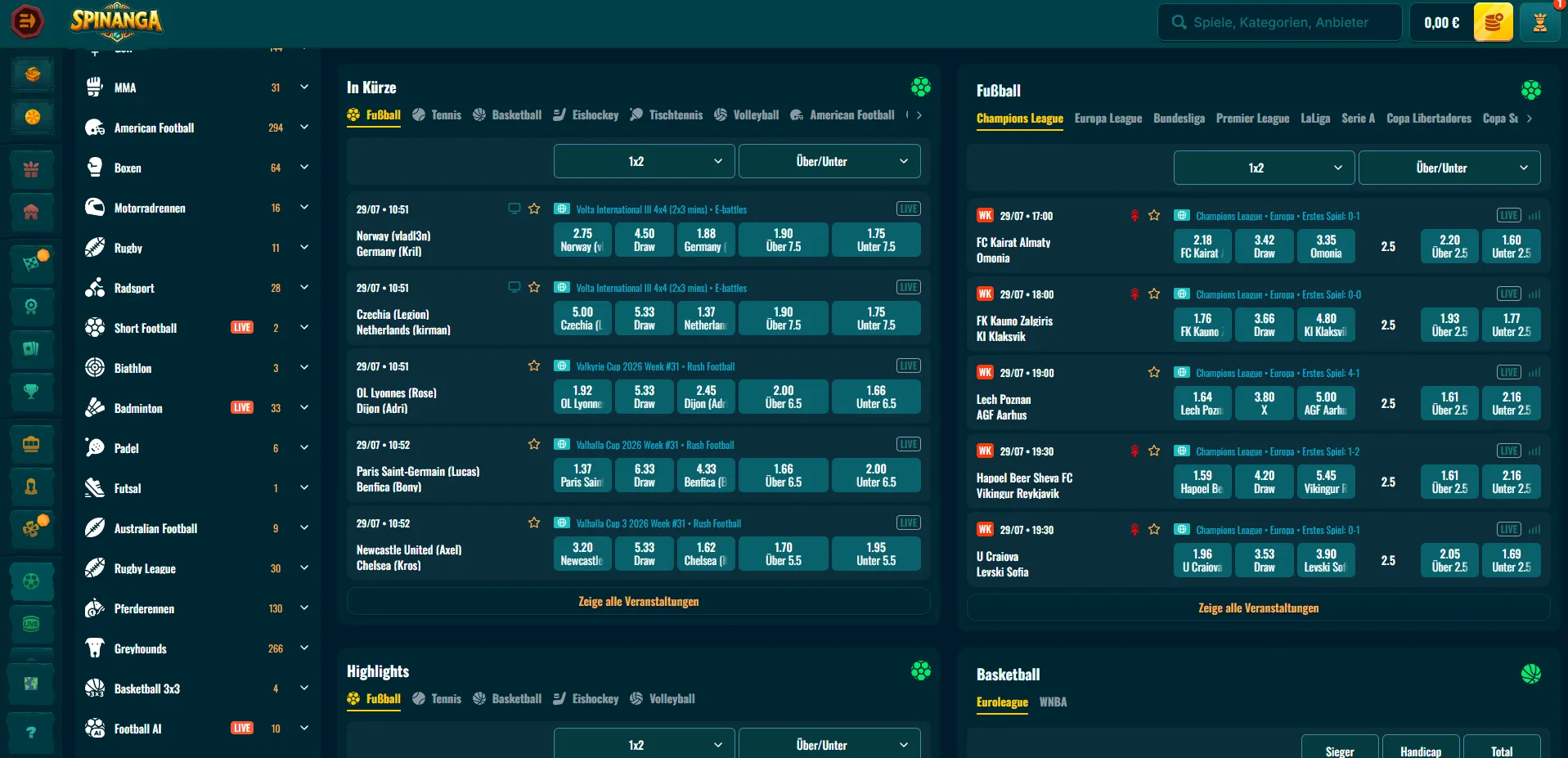 Sportwetten bei Spinanga mit Live Betting und Bonusaktionen