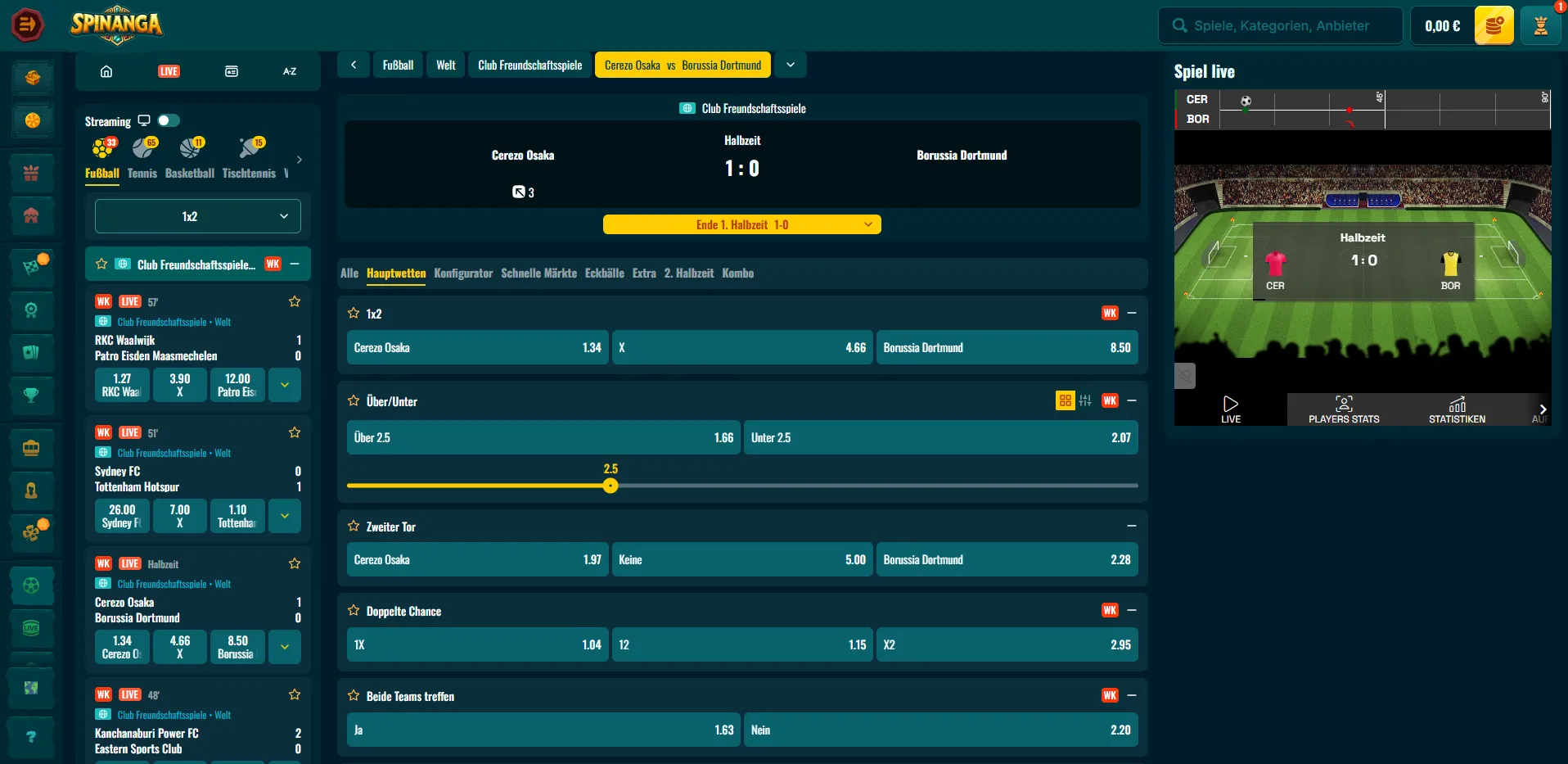 Live Betting bei Spinanga für laufende Sportereignisse