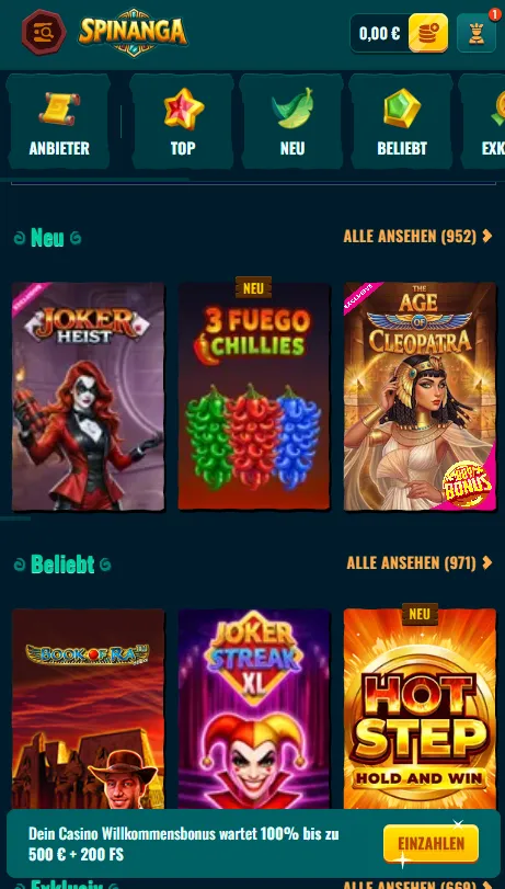 Spinanga Casino im mobilen Browser