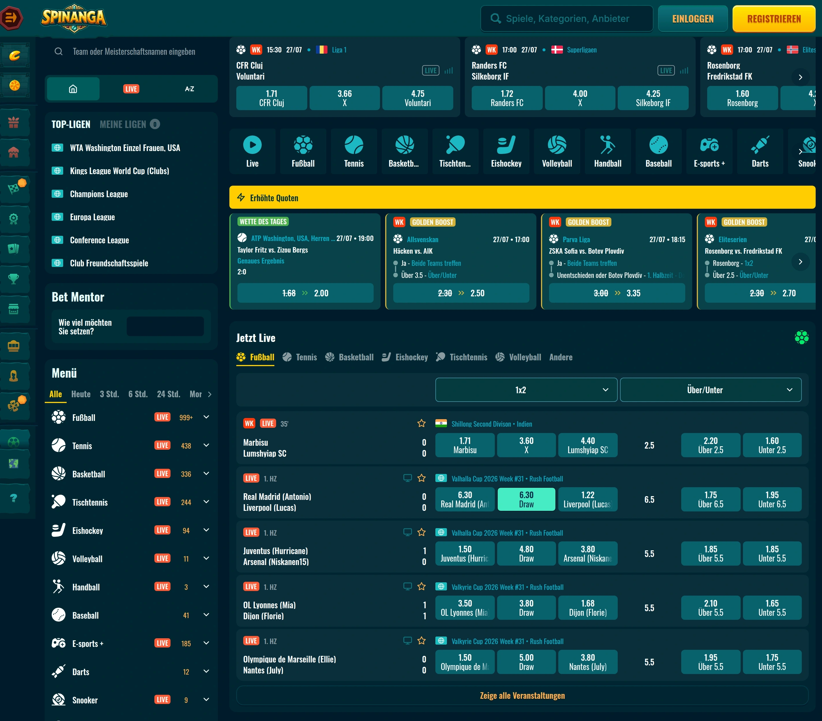 Sportwetten und Live Betting bei Spinanga