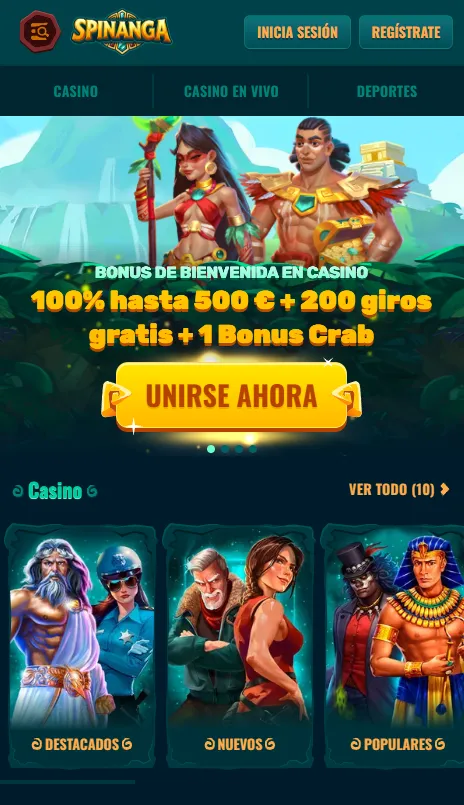 Interfaz móvil web de casino y deportes Spinanga