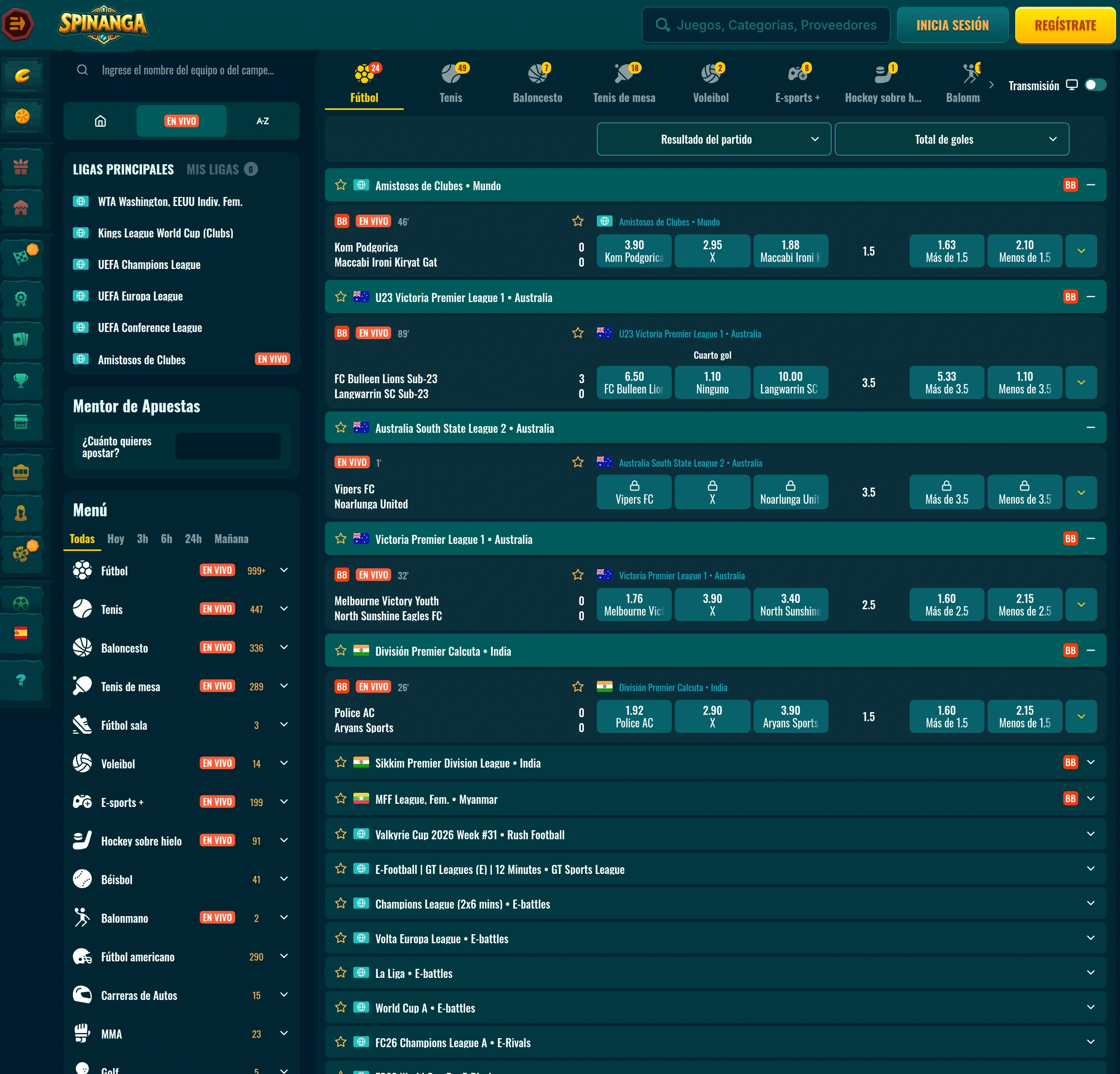 Opciones de apuestas en directo de Spinanga