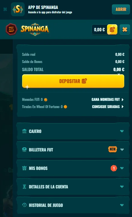 Funciones de cuenta disponibles en Spinanga móvil