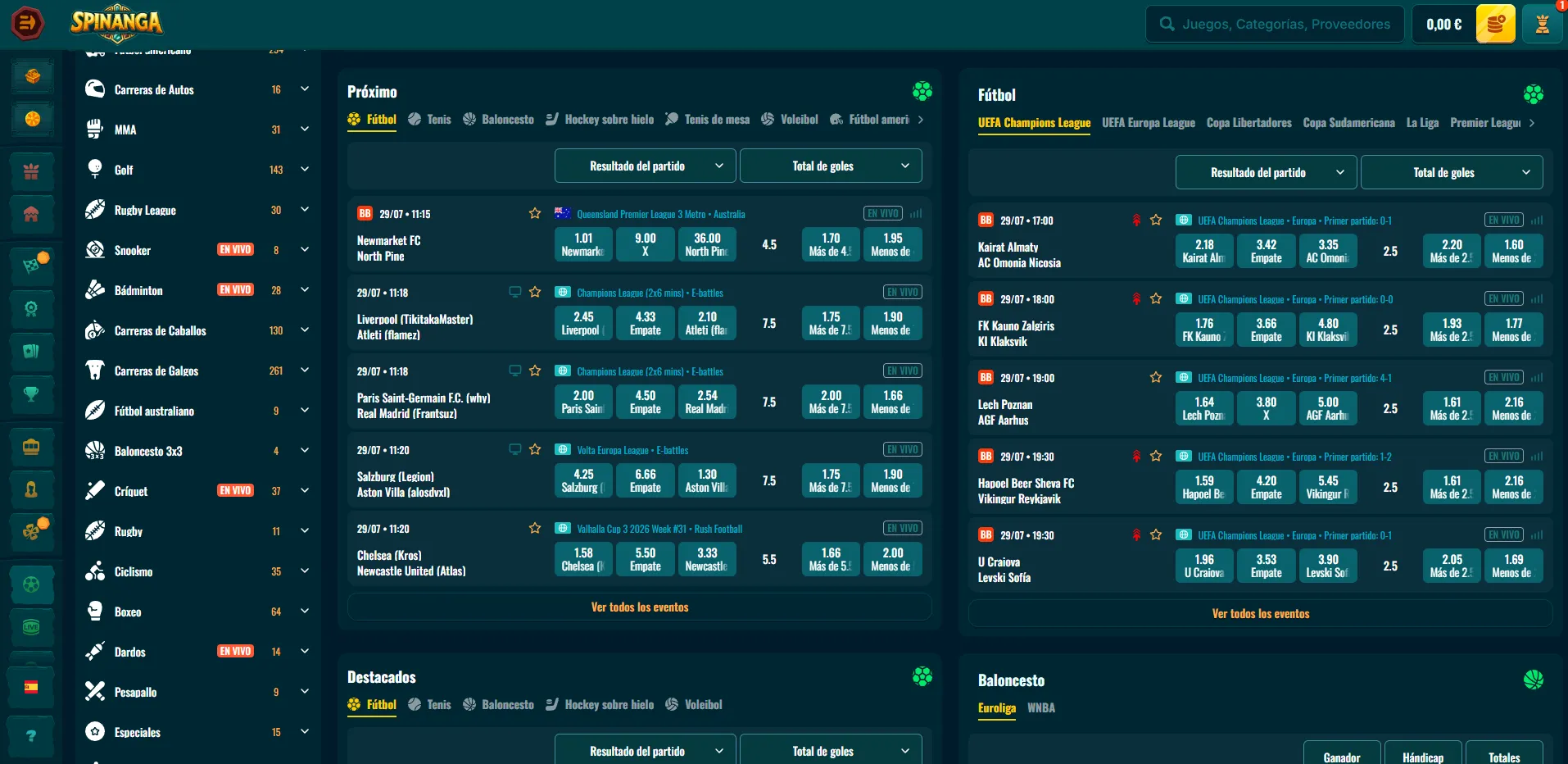 Panel de apuestas deportivas de Spinanga