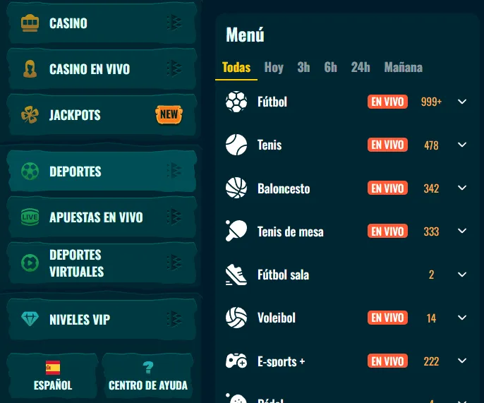 Menú deportivo de apuestas de Spinanga