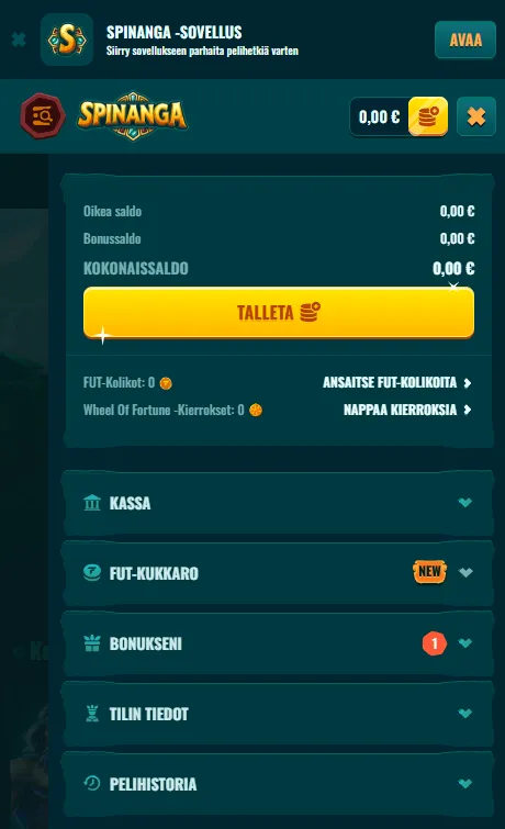 Spinangan mobiilisivuston ominaisuudet puhelimessa