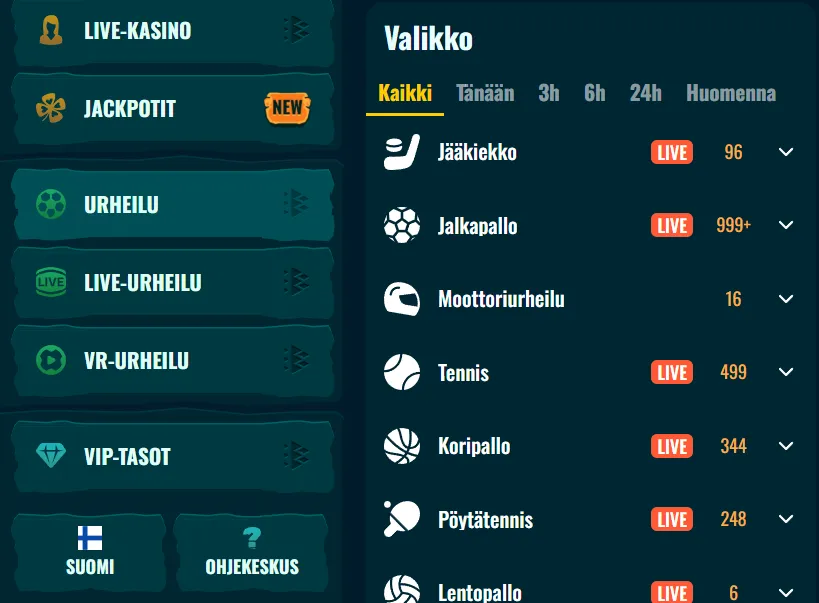 Spinangan urheilu- ja livevedonlyönnin valikkonäkymä