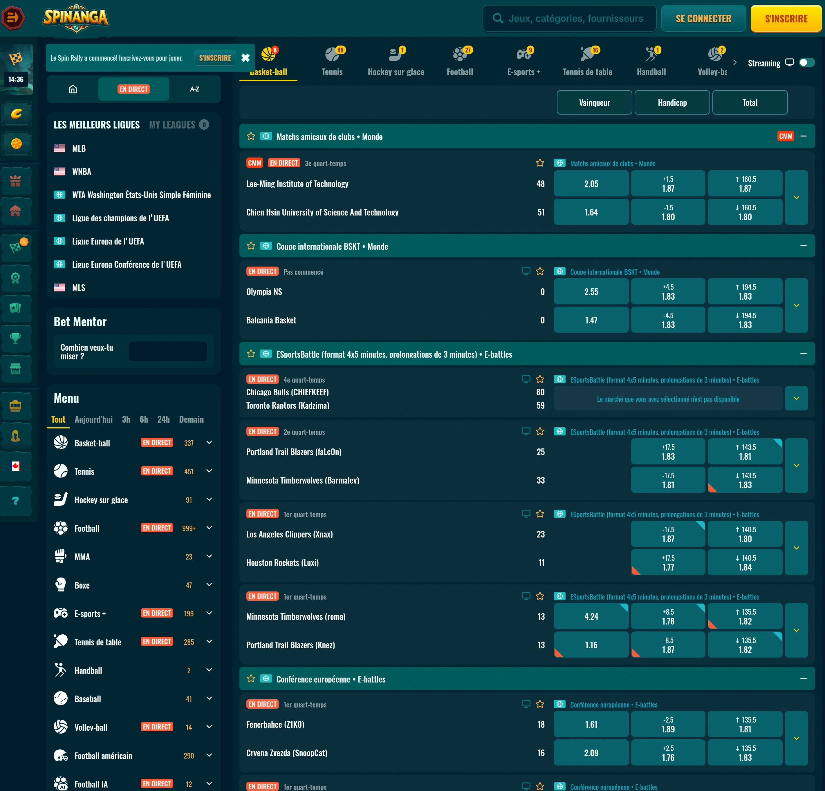 Navigation vers les paris sportifs disponibles