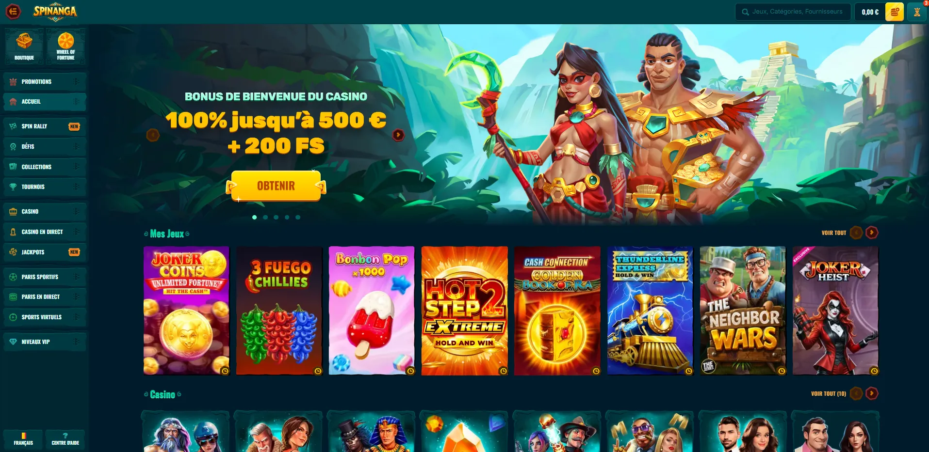 Aperçu des catégories du casino Spinanga