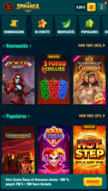 Casino Spinanga sur navigateur mobile