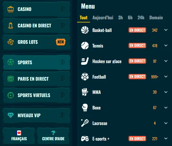 Menu des sports et paris disponibles sur Spinanga