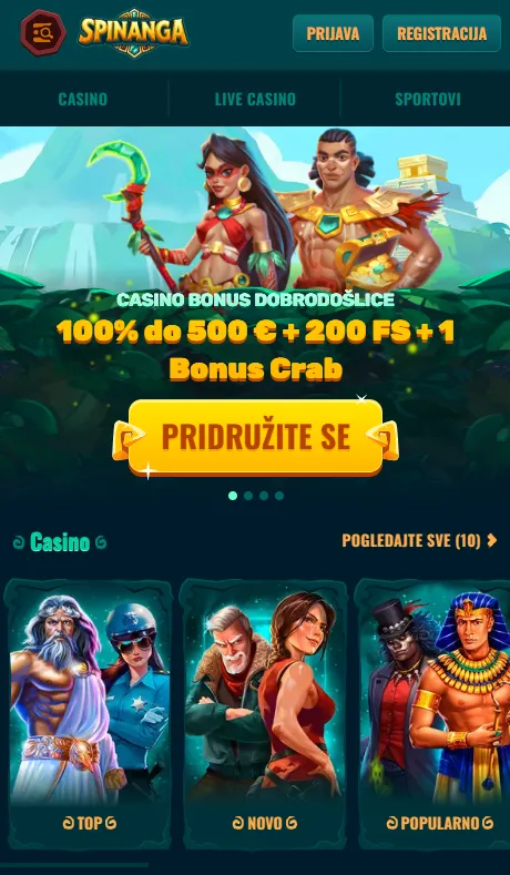 Spinanga mobilna web-stranica s casino i sportskim sadržajem