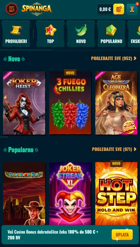 Spinanga casino u mobilnom pregledniku